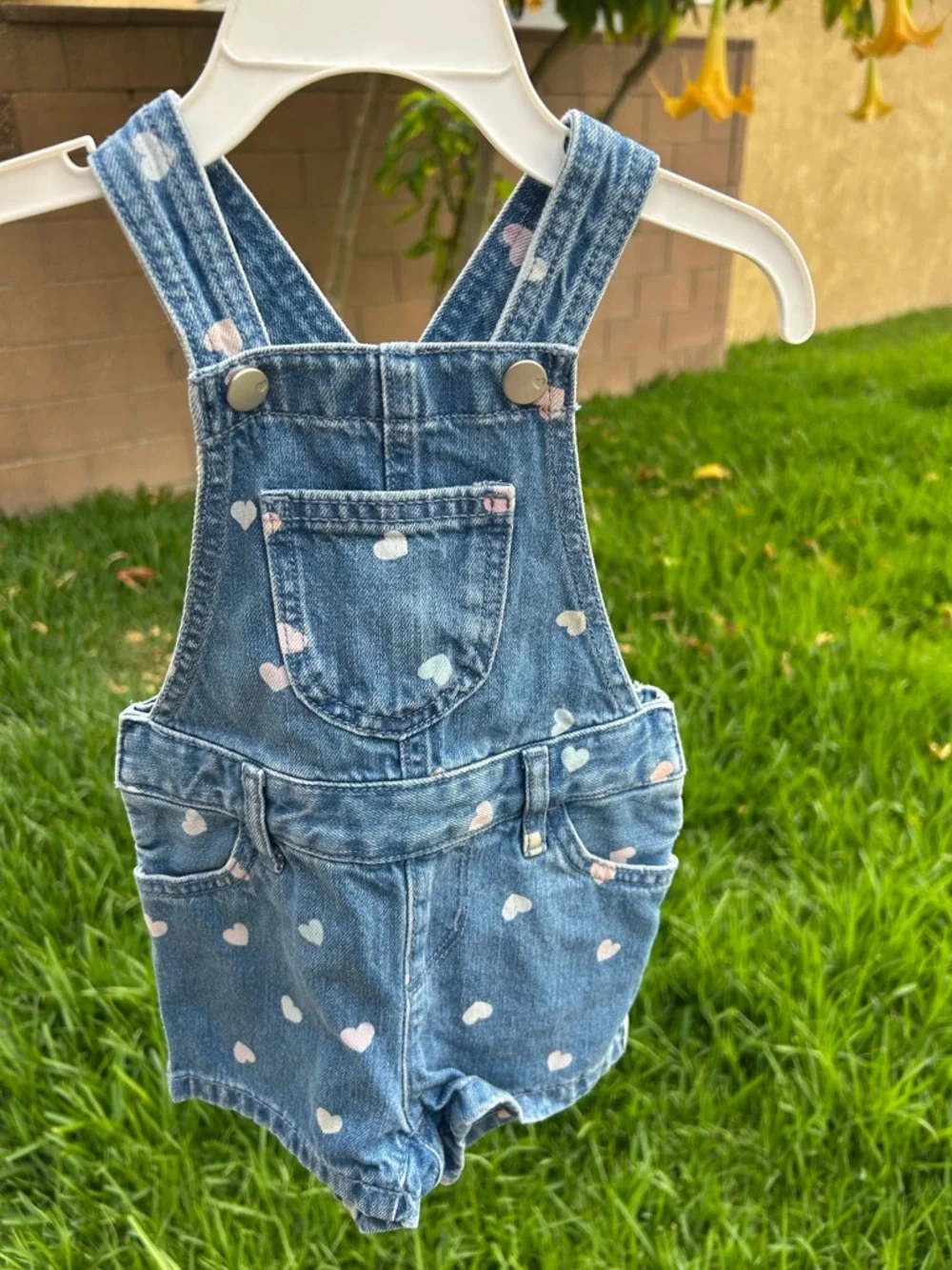 The Children's Place Blue Denim Heart Print Short Overalls